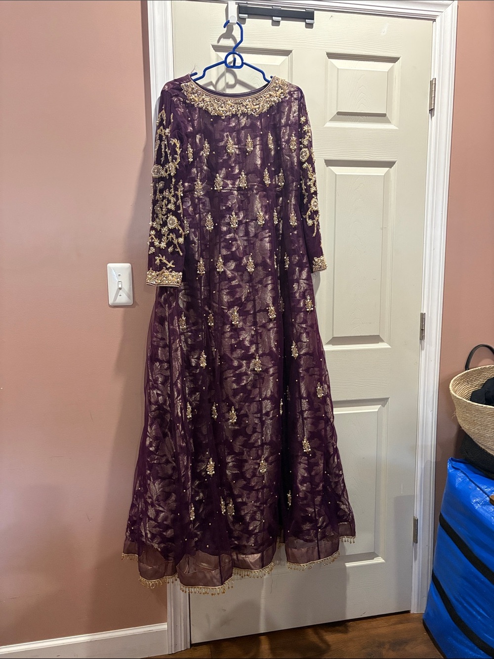 Long Sleeve Plum Embroidered Evening Gown